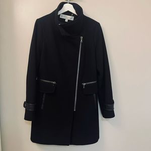 Trina Turk Aubree Coat Black Wool  Zipper Pockets Leather Sz L